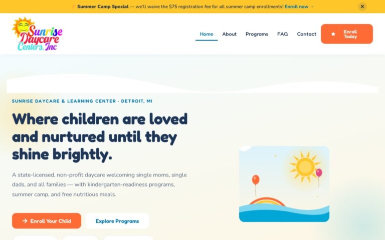 Sunrise Daycare & Learning Center website built by Infinix Development